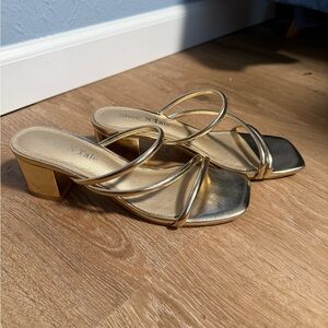 Gold Strappy Block Heel Sandals - Women's
